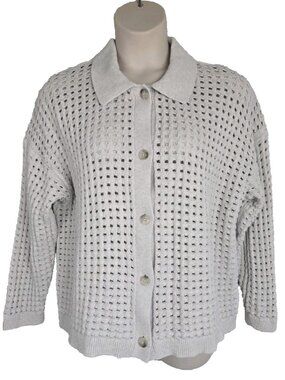 J Jill Chunky Crochet Sweater Cardigan 2X Oatmeal Open Knit Button Cotton Blend